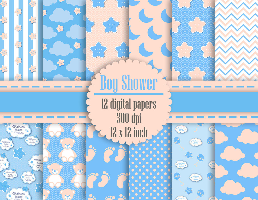 12 Baby Boy Shower Digital Papers in 12 inch 300 Dpi Instant Download, Scrapbook Papers, Kid Digital Papers, Commercial Use