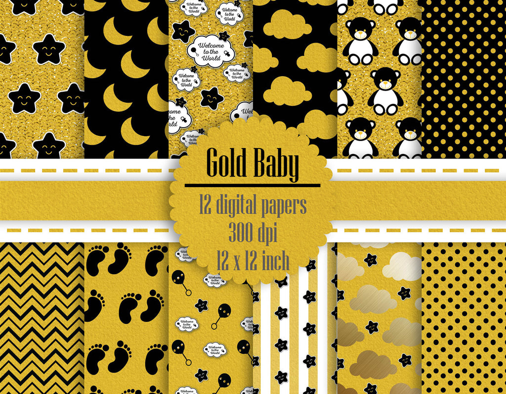 12 Black & Gold Baby Shower Digital Papers in 12 inch 300 Dpi Instant Download, Scrapbook Papers, Kid Digital Papers, Commercial Use