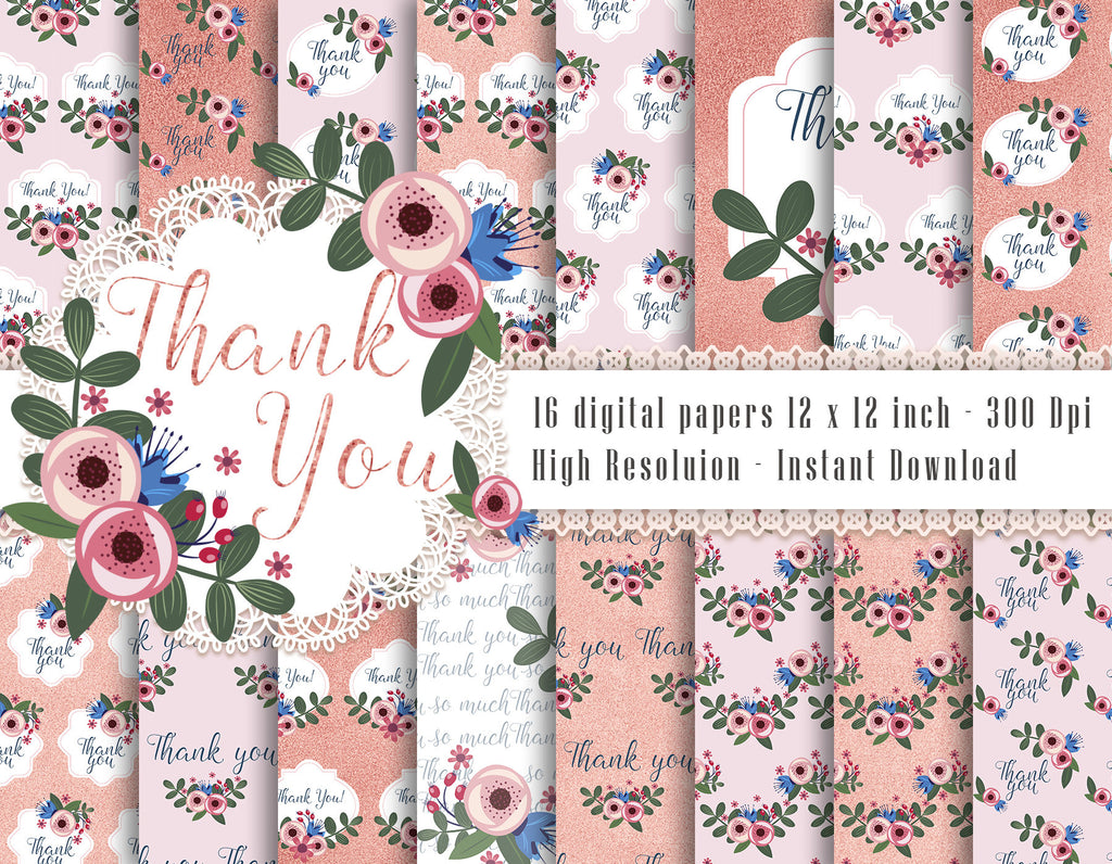 16 Thank You Pattern In Pink and Rosegold Digital Papers in 12 x 12 inch 300 Dpi Instant Download, Scrapbook Papers, Commercial Use