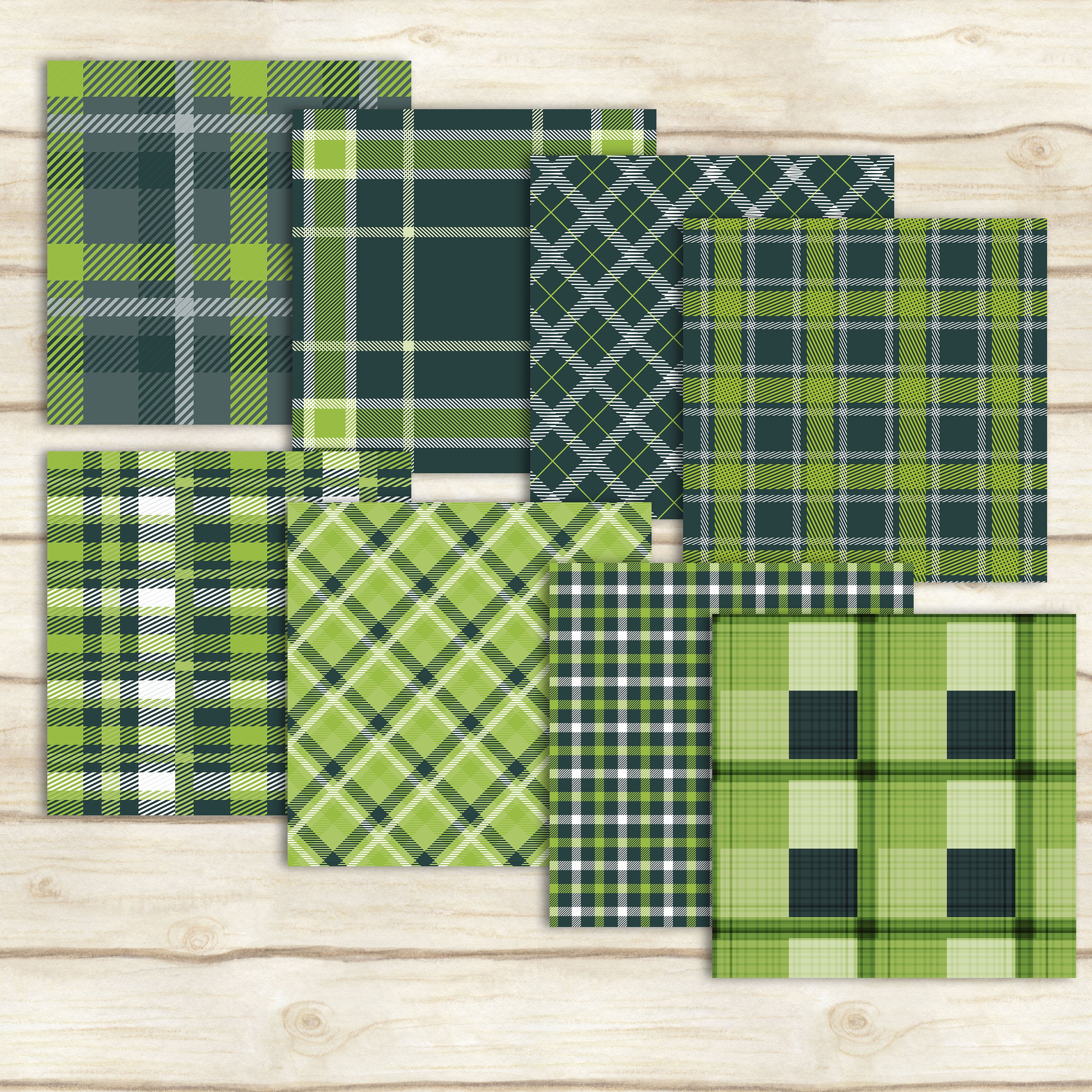 24 Green Plaid Pattern Digital Papers in 12 x 12 inch 300 Dpi Instant Download, Scrapbook Papers, Tartan, Gingham, Check, Commercial Use