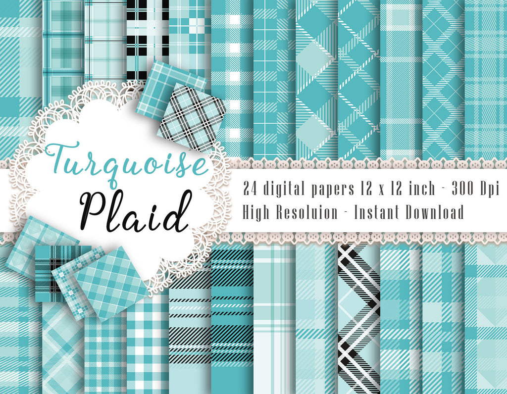 24 Turquoise Plaid Digital Papers in 12 x 12 inch 300 Dpi Instant Download, Scrapbook Papers, Tartan, Gingham, Check, Commercial Use