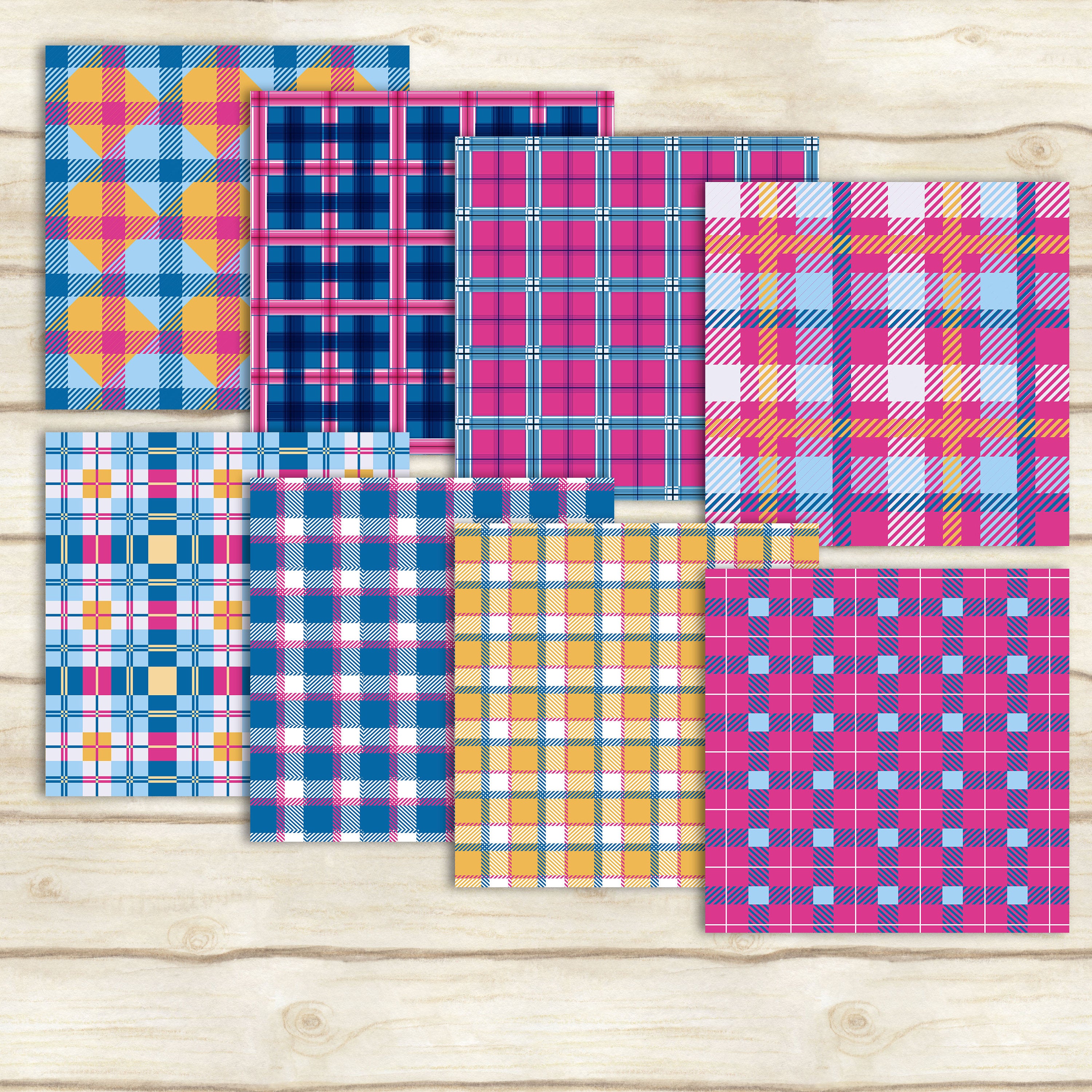24 Pink and Blue Plaid Digital Papers 12inch 300 Dpi Instant Download, Scrapbook Papers, Tartan, Gingham, Check, Commercial Use