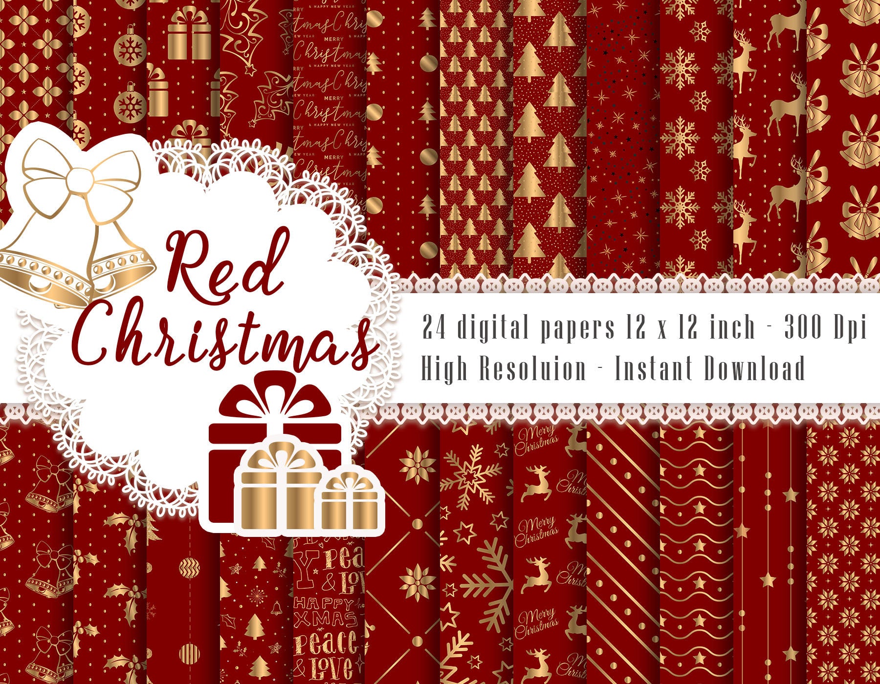 24 Red & Gold Christmas Digital Papers 12 x 12 inch 300 Dpi Instant Download, Scrapbook Papers, Christmas Papers, Commercial Use