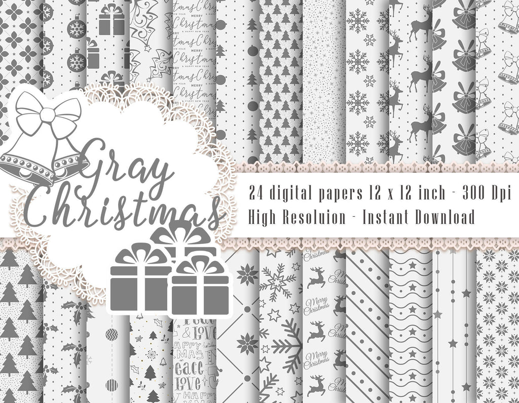 24 White and Gray Christmas Digital Papers 12 x 12 inch 300 Dpi Instant Download, Scrapbook Papers, Christmas Papers, Commercial Use