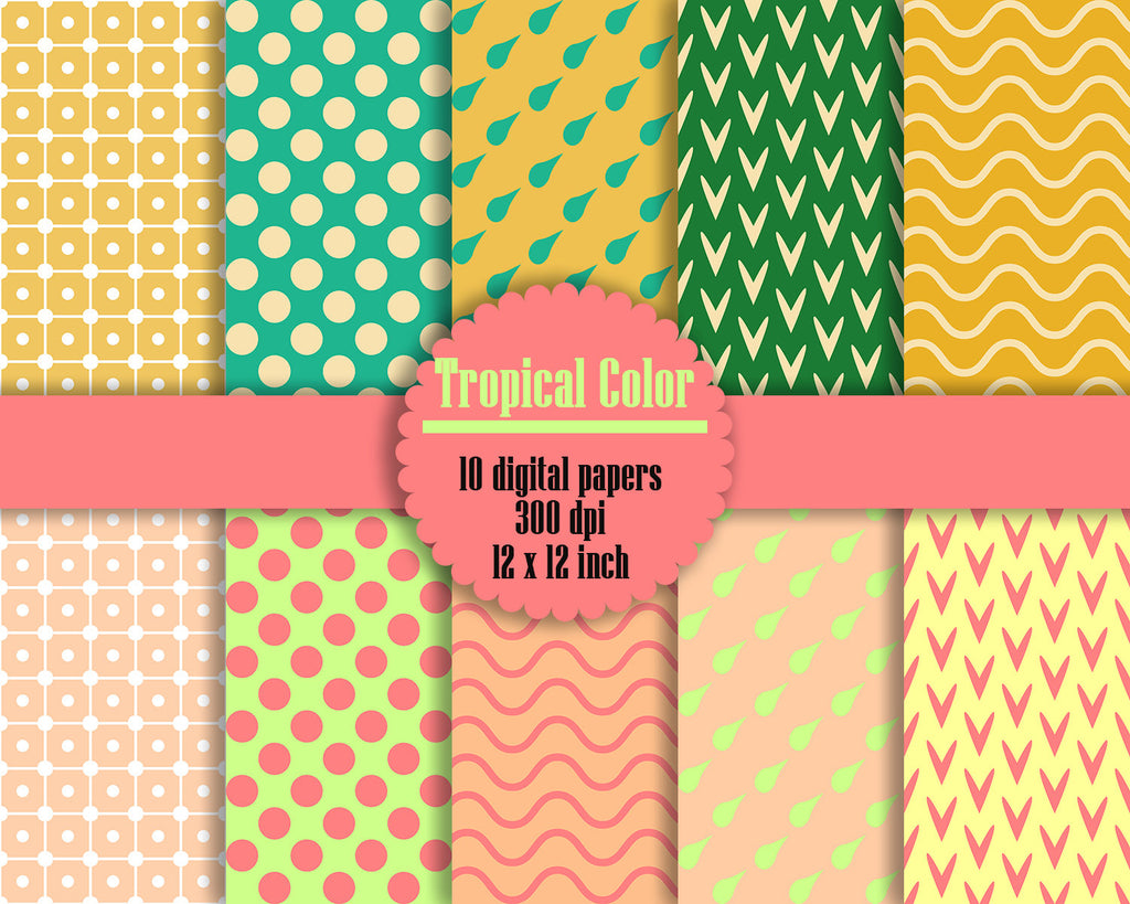 10 Tropical Color Digital Papers 12&quot; Instant Download, Polka Dot Digital Papers, Heart Digital Papers, Tropical Paper, Colorful Paper