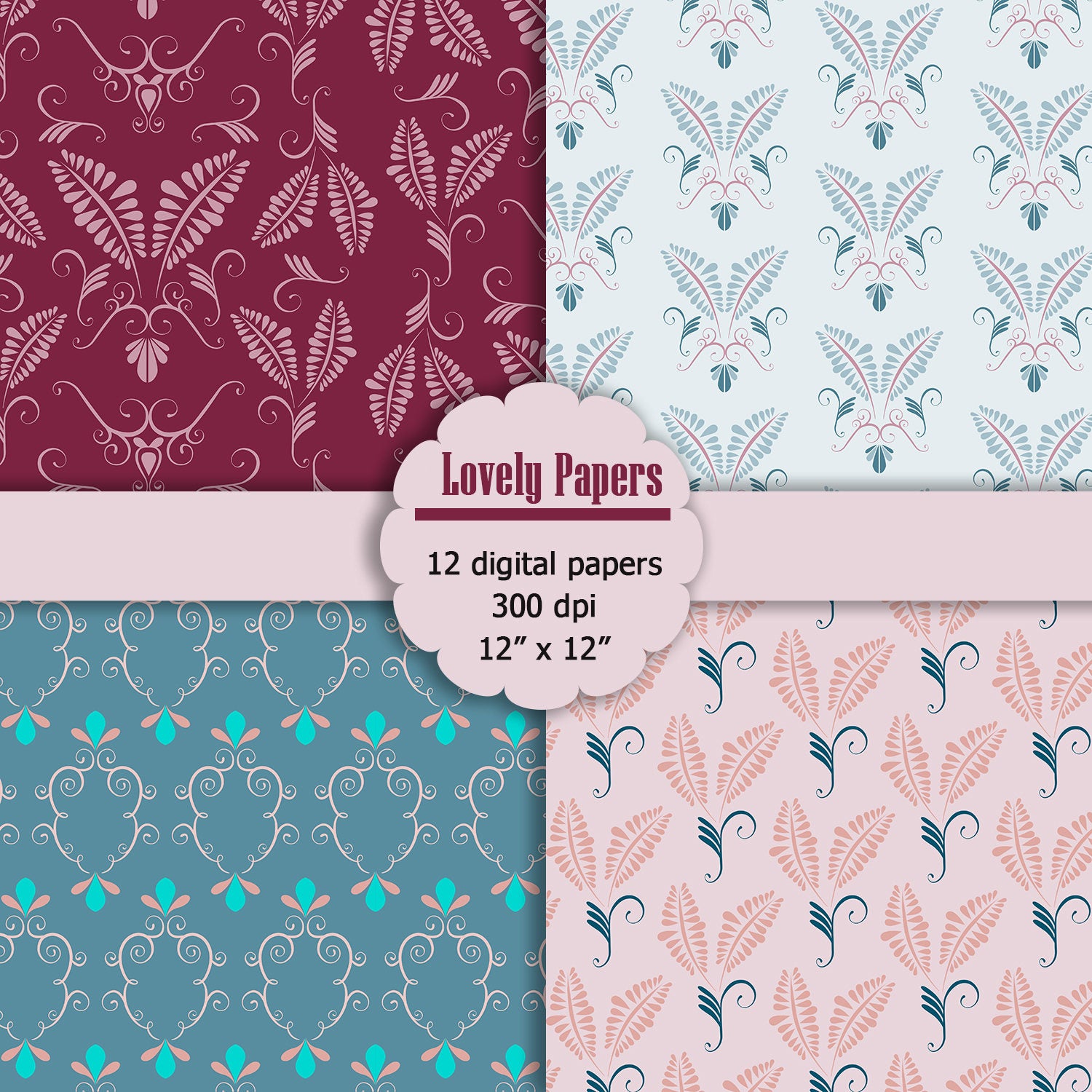 12 Lovely Pattern Digital Papers 12&quot;,Instant Download Digital Paper, Floral Digital Papers, Vintage Digital Paper