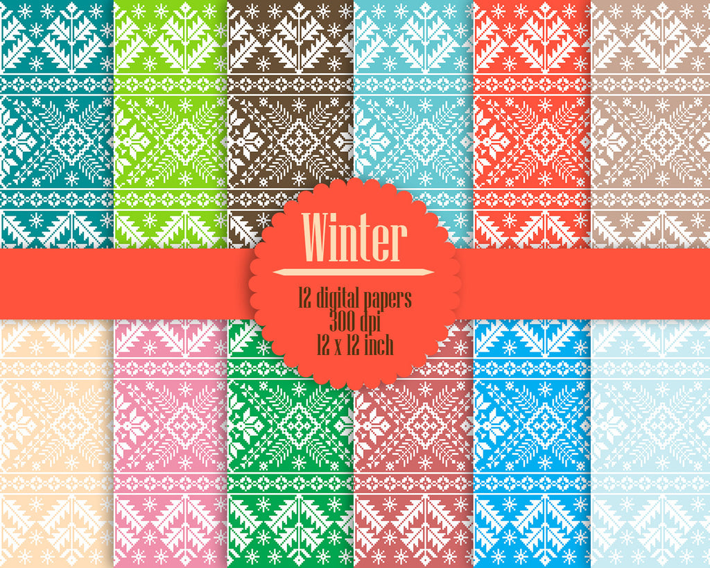 12 Winter Pattern Digital Papers 12&quot;, Winter Digital Papers, Digital Paper Pack