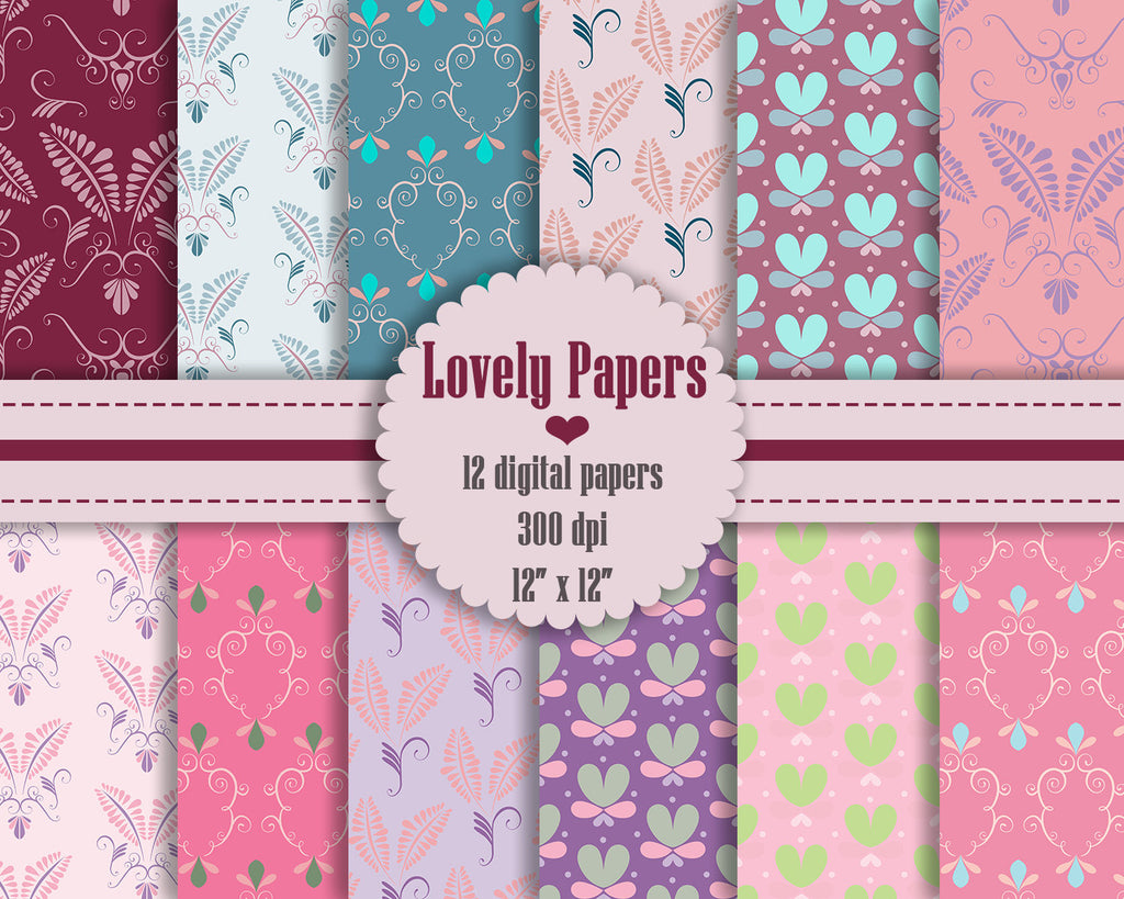 12 Lovely Pattern Digital Papers 12&quot;,Instant Download Digital Paper, Floral Digital Papers, Vintage Digital Paper