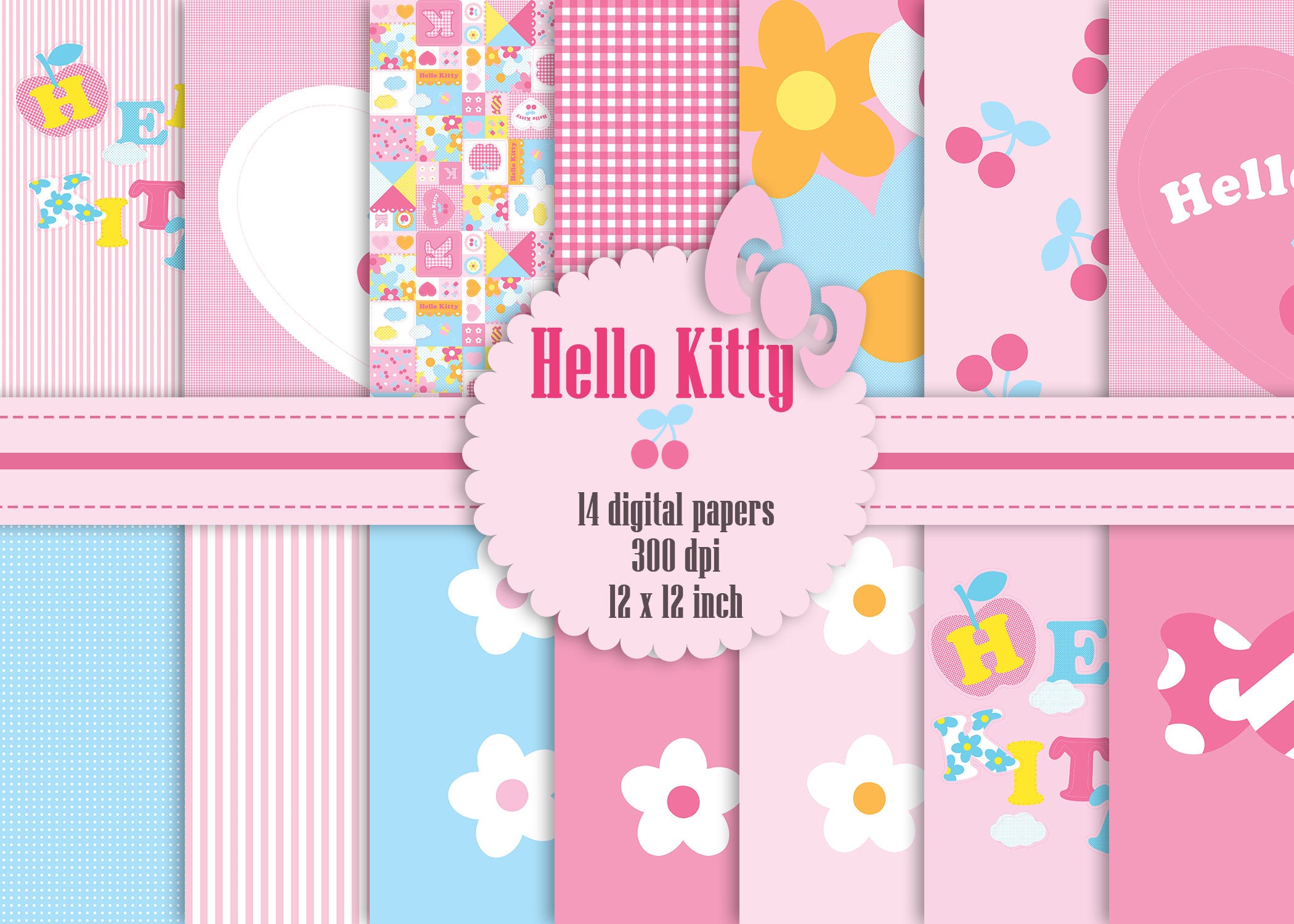 14 Pink Kitty Digital Papers 12 Inch, High Resolution 300 Dpi, Instant Download, Flower Digital Paper and Bonus 3 Clip Arts, Commercial Use