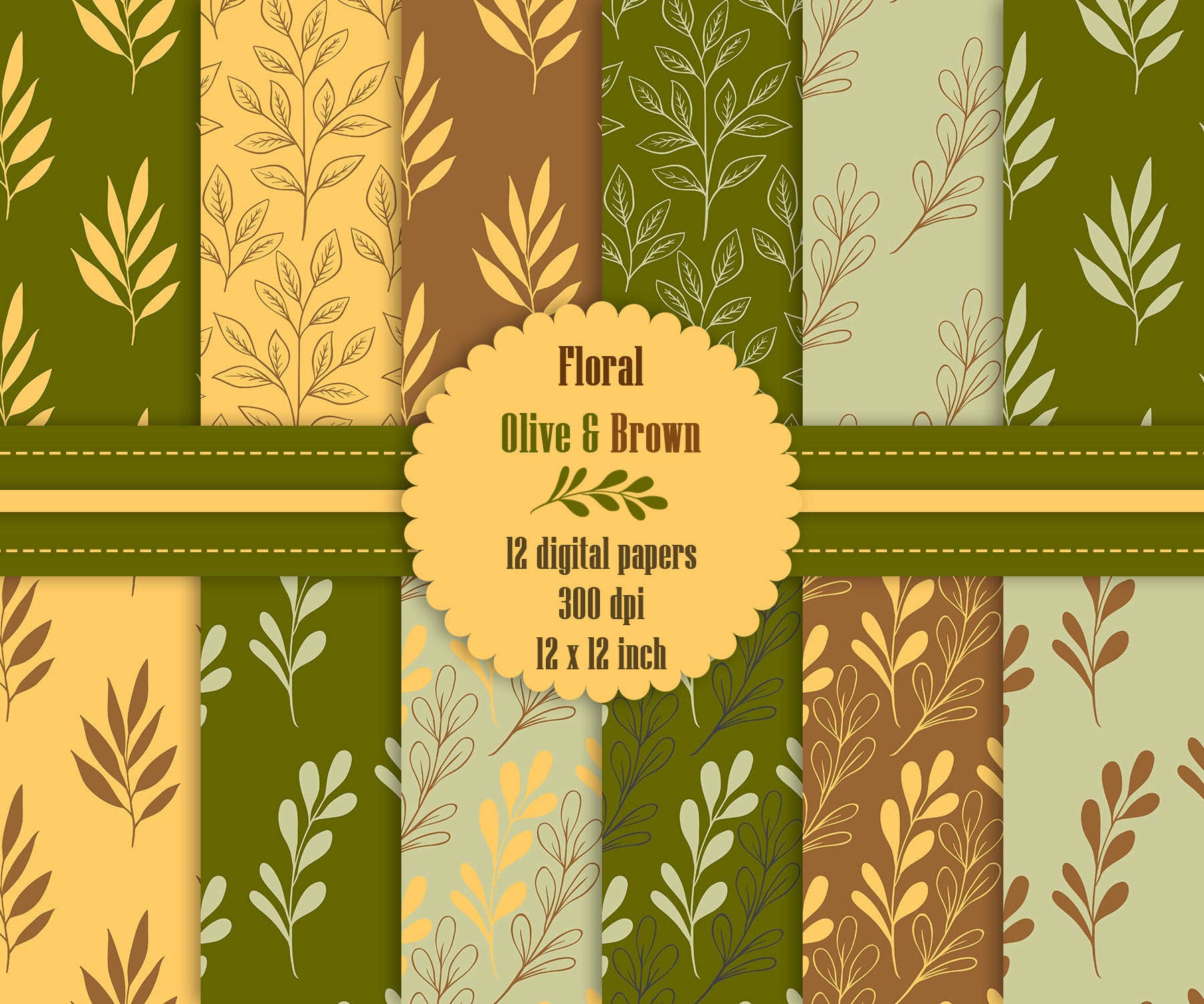 12 Floral in Olive and Brown Digital Paper 12&quot;, High Resolution 300 Dpi, Instant Download, Pattern Paper, Commercial Use