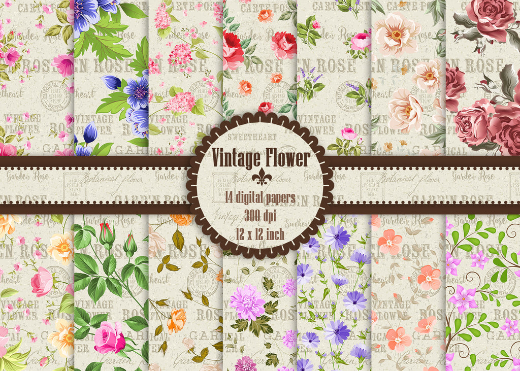 14 Vintage Flower Digital Papers 12&quot;, Flower Digital Paper, Vintage Background Digital Papers, Instant Download, High Resolution 300 Dpi