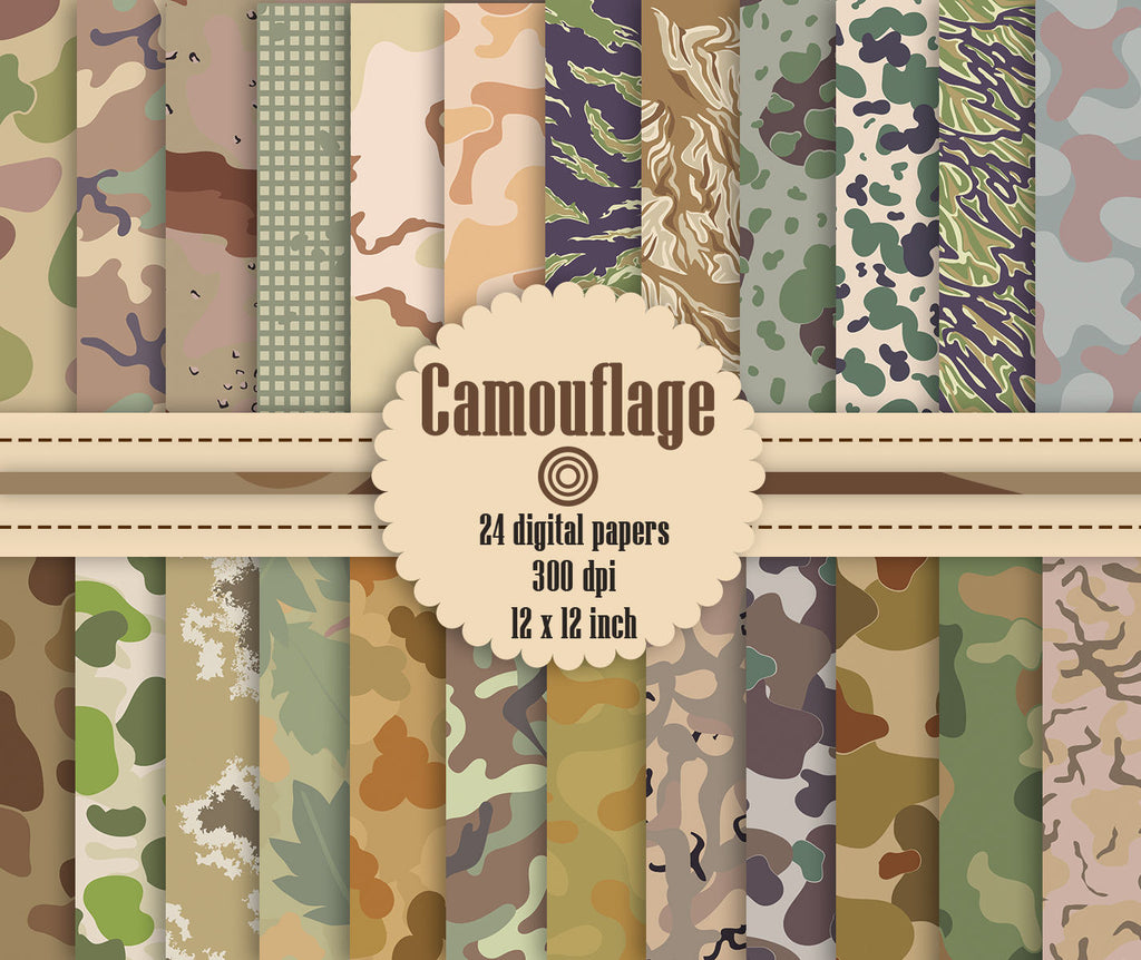 24 Camouflage Pattern Digital Papers 12&quot;, Digital Papers,  Camouflage Digital Paper, Digital Paper Pack, Commercial Use