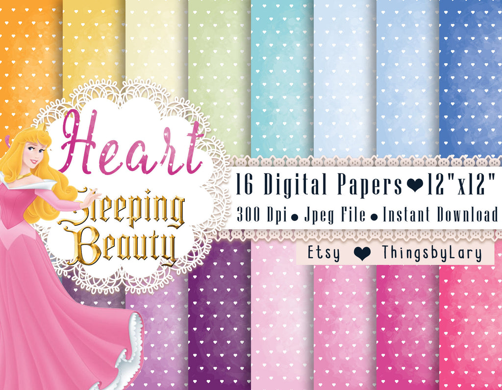 16 Princess Heart Papers in 12inch, 300 Dpi Instant Download, Scrapbook Papers, Princess Papers, Commercial Use