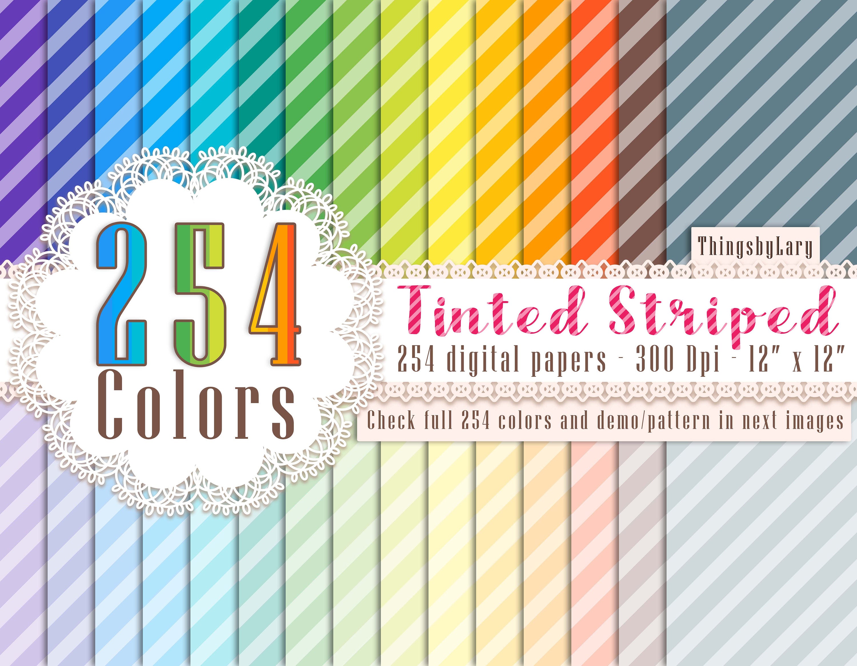 254 Rainbow Tinted Striped Pattern Digital Papers in 12&quot; x 12&quot; 300 Dpi Instant Download, Scrapbook Papers, Over 100 Color Kit, Design Tool