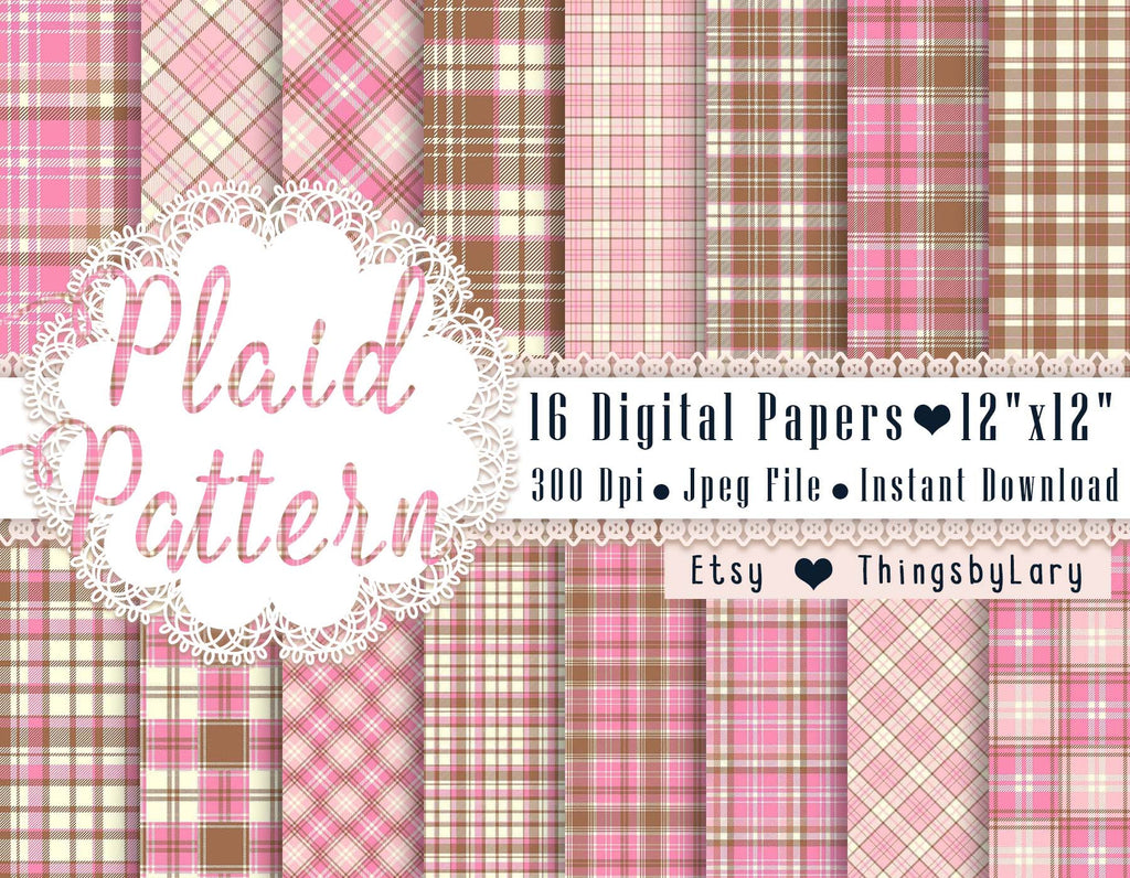 16 Pink and Brown Plaid Pattern Papers 12x12 Inch, Jpeg File, Instant Download, High Resolution 300 Dpi, Commercial Use, Seamless Pattern