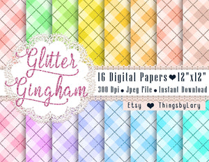 16 Glitter Gingham Pattern Papers 12x12 Inch, Jpeg File, Instant Download, High Resolution 300 Dpi, Commercial Use, Seamless Pattern