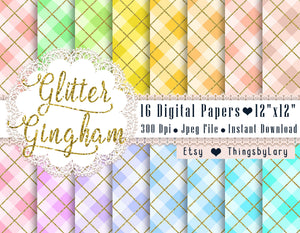 16 Gold Glitter Gingham Pattern Papers 12x12 Inch, Jpeg File, Instant Download, High Resolution 300 Dpi, Commercial Use, Seamless Pattern