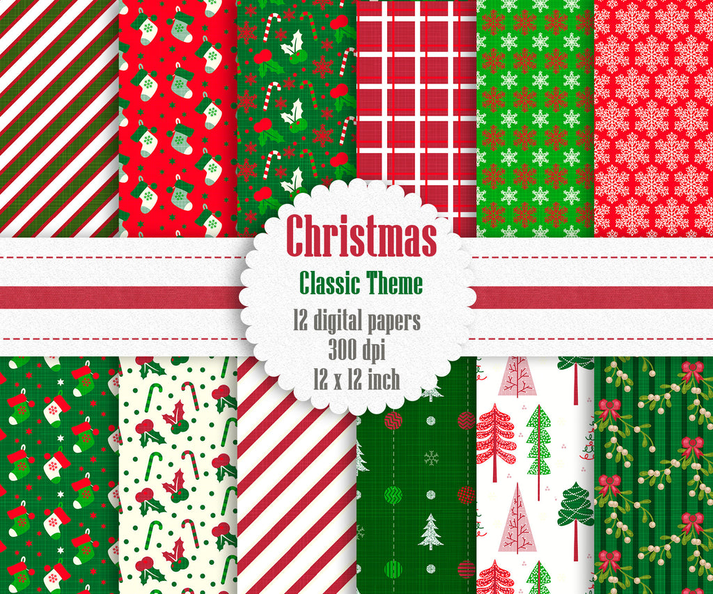 12 Christmas Digital Papers in Classic Theme Color 12 inch Instant Download, Winter Holiday Digital Paper, Christmas Digital Papers