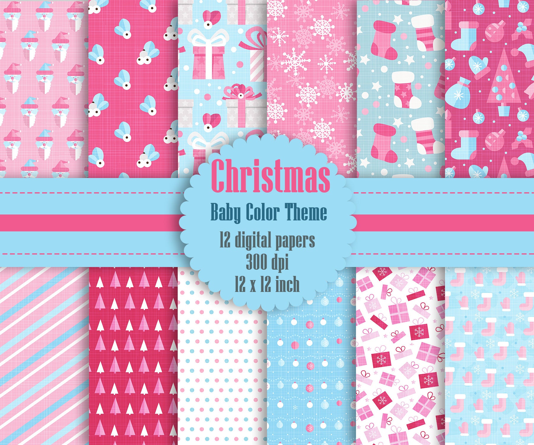12 Cute Christmas Pattern Digital Papers in Baby Color 12&quot;, Winter Holiday Digital Paper, Christmas Digital Paper, Commercial Use