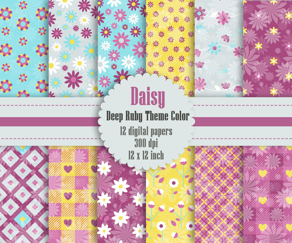 12 Daisy Flower Digital Paper in Deep Ruby Theme Color 12 inch 300 Dpi Instant Download, Pink Papers, Scrapbook Papers, Commercial Use