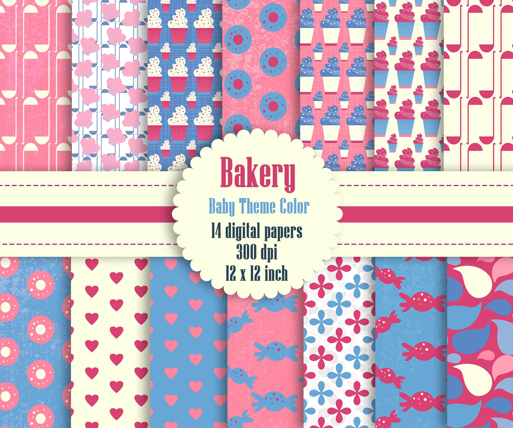 14 Bakery Digital Papers in Baby Theme Color in 12 inch, Instant Download, High Resolution 300 Dpi, Commercial Use