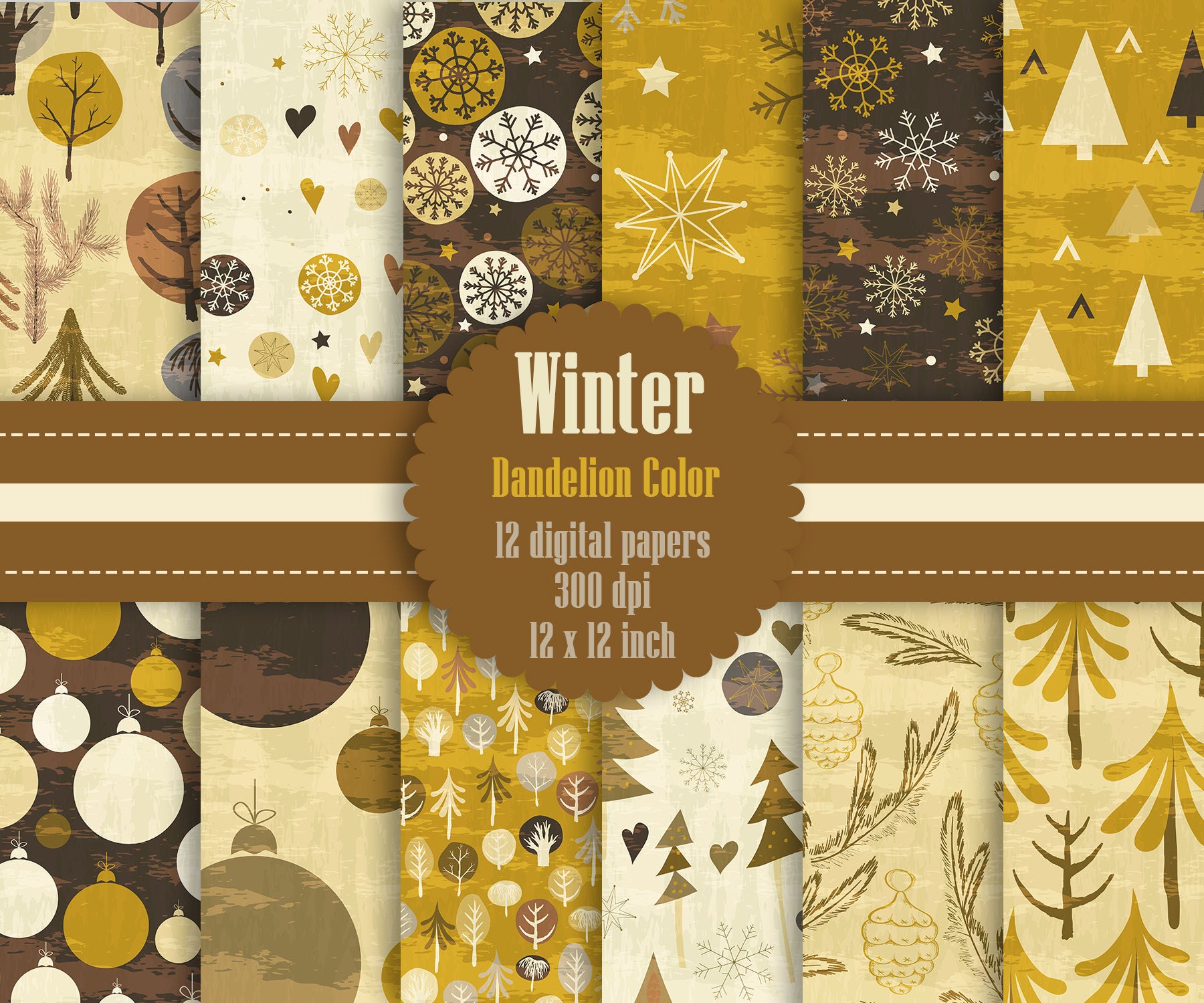 12 Winter Pattern Digital Papers in Dandelion Theme Color in 12 inch, Instant Download, High Resolution 300 Dpi, Commercial Use