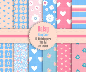 12 Daisy Flower Digital Paper in Baby Theme Color 12 inch 300 Dpi Instant Download, Pink Papers, Scrapbook Papers, Commercial Use