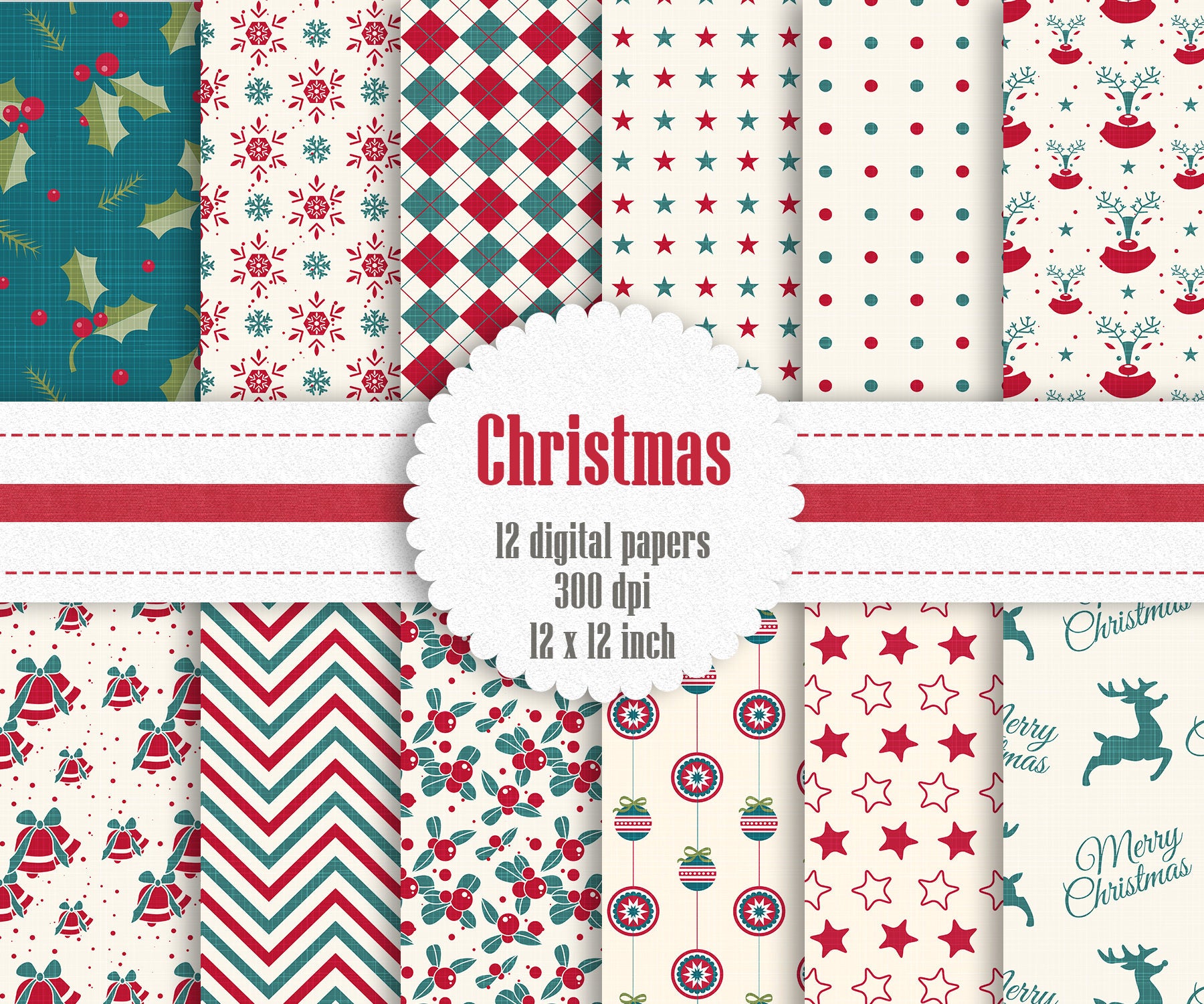 12 Christmas Digital Papers in 12 inch, Instant Download, High Resolution 300 Dpi, Commercial Use