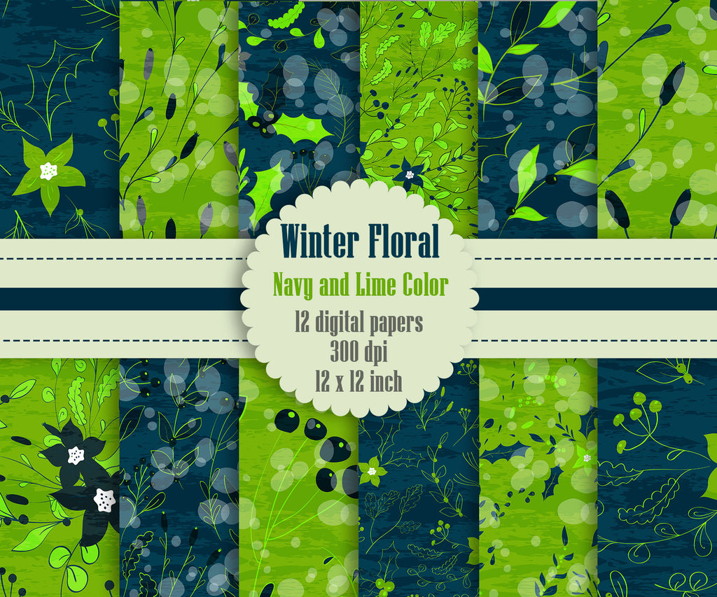 12 Winter Floral Digital Papers in Navy and Lime Color in 12 inch, Instant Download, High Resolution 300 Dpi, Commercial Use