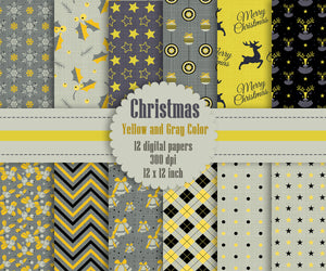 12 Christmas Digital Papers in Yellow and Gray Color in 12 inch, Instant Download, High Resolution 300 Dpi, Commercial Use