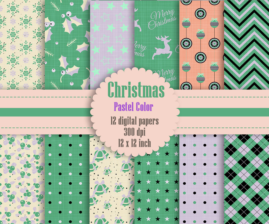 12 Christmas Digital Papers in Pastel Color in 12 inch, Instant Download, High Resolution 300 Dpi, Commercial Use