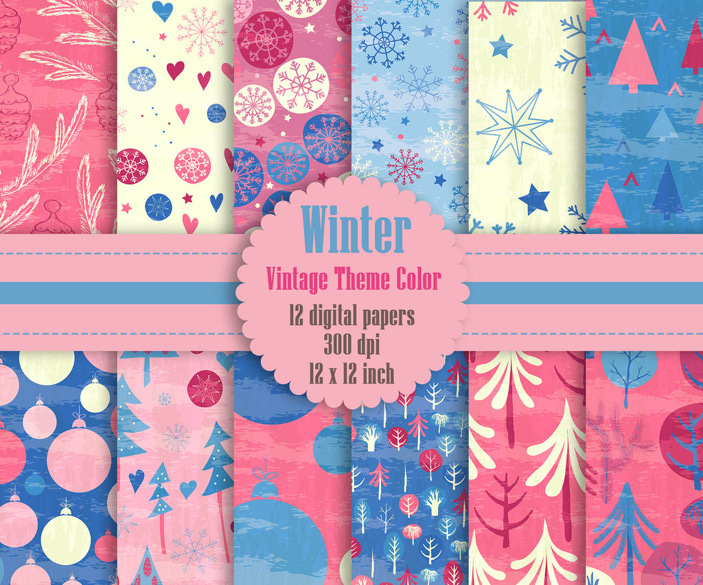 12 Winter Pattern Digital Papers in Vintage Theme Color in 12 inch, Instant Download, High Resolution 300 Dpi, Commercial Use