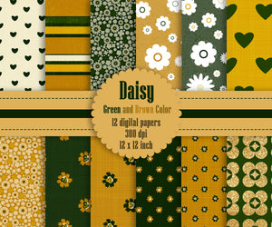 12 Daisy Flower Digital Paper in Green and Brown Color 12 inch 300 Dpi Instant Download, Scrapbook Papers, Commercial Use