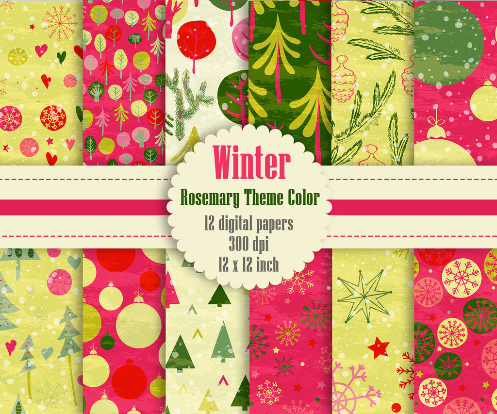 12 Winter Pattern Digital Papers in Rosemary Theme Color in 12 inch, Instant Download, High Resolution 300 Dpi, Commercial Use