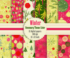 12 Winter Pattern Digital Papers in Rosemary Theme Color in 12 inch, Instant Download, High Resolution 300 Dpi, Commercial Use