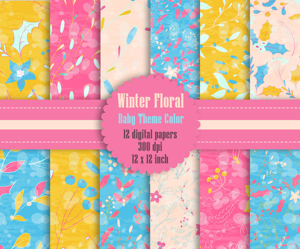 12 Winter Floral Digital Papers in Baby Theme Color in 12 inch, Instant Download, High Resolution 300 Dpi, Commercial Use