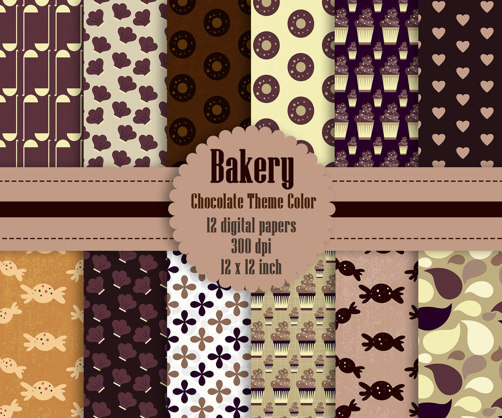 12 Bakery Digital Papers in Chocolate Theme Color in 12 inch, Instant Download, High Resolution 300 Dpi, Commercial Use