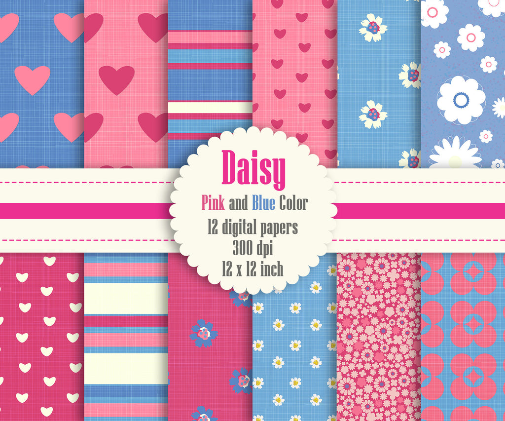 12 Daisy Flower Digital Paper in Pink and Blue Color 12 inch 300 Dpi Instant Download, Scrapbook Papers, Commercial Use