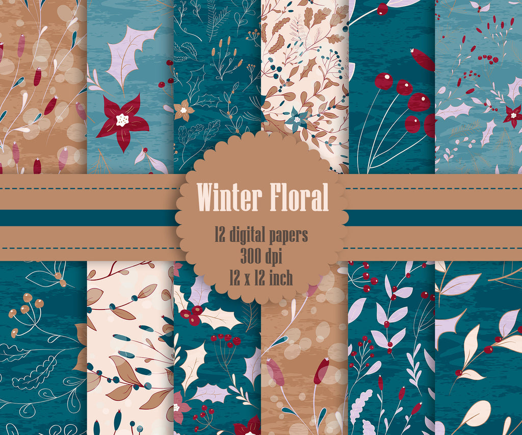 12 Winter Floral Digital Papers in Vintage Theme Color in 12 inch, Instant Download, High Resolution 300 Dpi, Commercial Use
