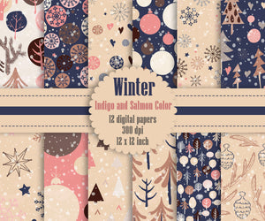 12 Winter Pattern Digital Papers in Indigo and Salmon Color in 12 inch, Instant Download, High Resolution 300 Dpi, Commercial Use
