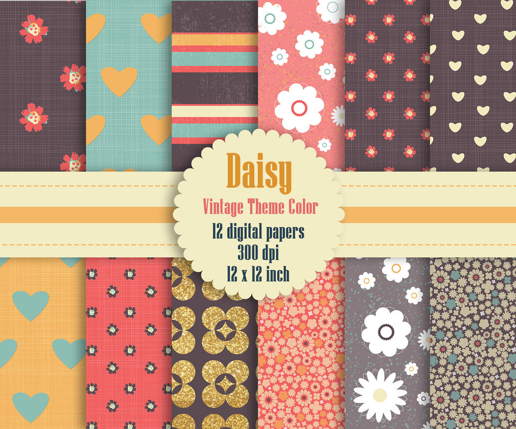 12 Daisy Flower Digital Paper in Vintage Theme Color 12 inch 300 Dpi Instant Download, Scrapbook Papers, Commercial Use