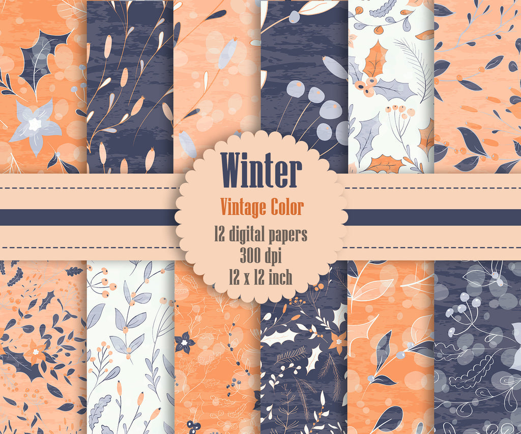 12 Winter Floral Digital Papers in Vintage Theme Color in 12 inch, Instant Download, High Resolution 300 Dpi, Commercial Use