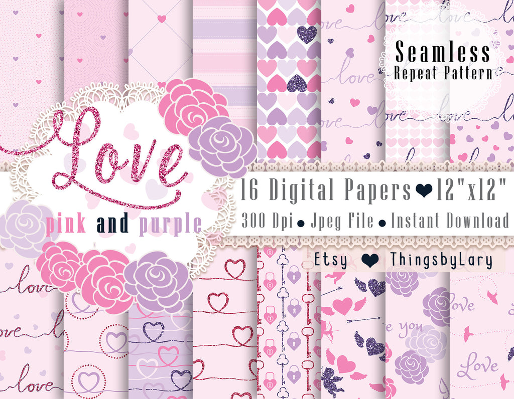 16 Pastel Pink and Purple Love Seamless Papers 12 x 12 inch 300 Dpi Instant Download, Commercial Use, Seamless Pattern, Valentine Paper Pack