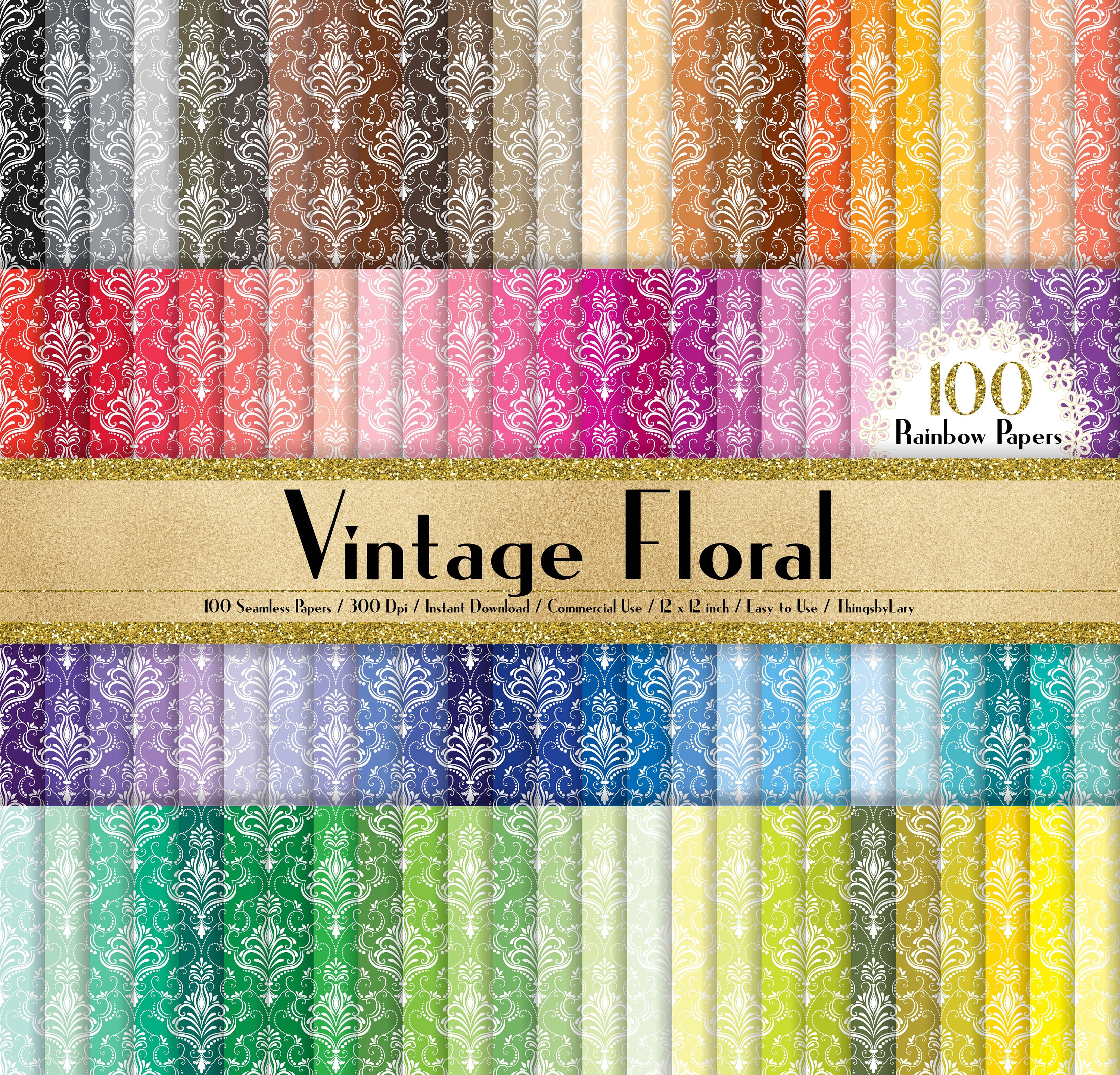 100 Vintage Floral Background Papers in 12&quot; x 12&quot;, 300 Dpi Planner Paper, Commercial Use, Scrapbook Papers, Rainbow Paper