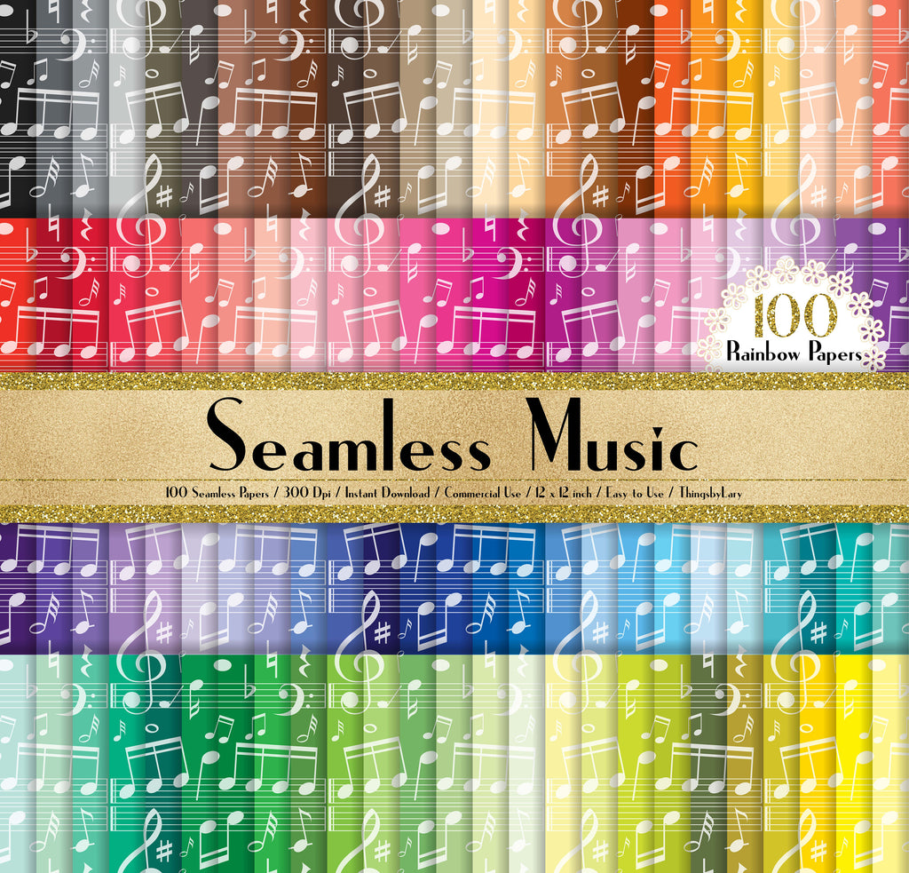 100 Seamless Music Note Papers in 12&quot; x 12&quot;, 300 Dpi Planner Paper, Commercial Use, Scrapbook Paper, Rainbow Paper, 100 Music Papers