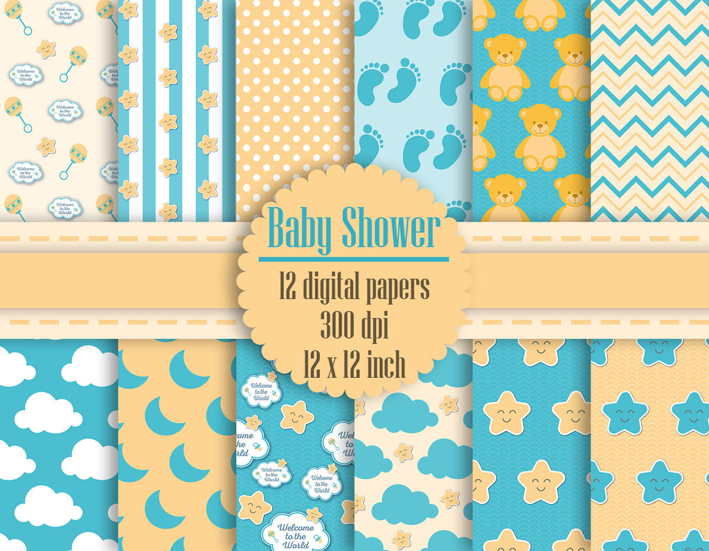 12 Baby Shower Digital Papers in 12 inch 300 Dpi Instant Download, Scrapbook Papers, Kid Digital Papers, Commercial Use