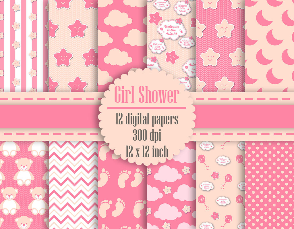 12 Baby Girl Shower Digital Papers in 12 inch 300 Dpi Instant Download, Scrapbook Papers, Kid Digital Papers, Commercial Use