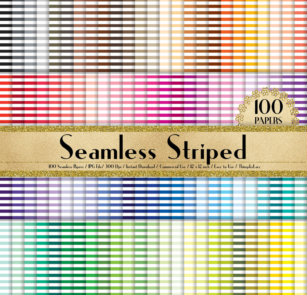 100 Seamless Striped Pattern Papers in 12&quot; x 12&quot;, 300 Dpi Planner Paper, Commercial Use, Scrapbook Paper,Rainbow Paper,100 Striped Papers