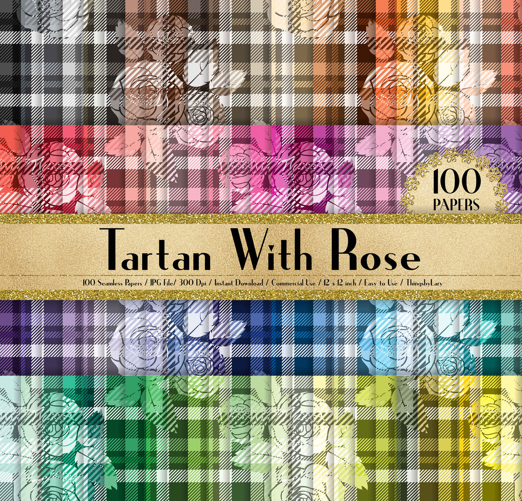 100 Seamless Tartan with Rose Papers in 12&quot; x 12&quot;, 300 Dpi Planner Paper, Scrapbook Paper,Rainbow Paper,100 Tartan Papers,100 Cloth Paper