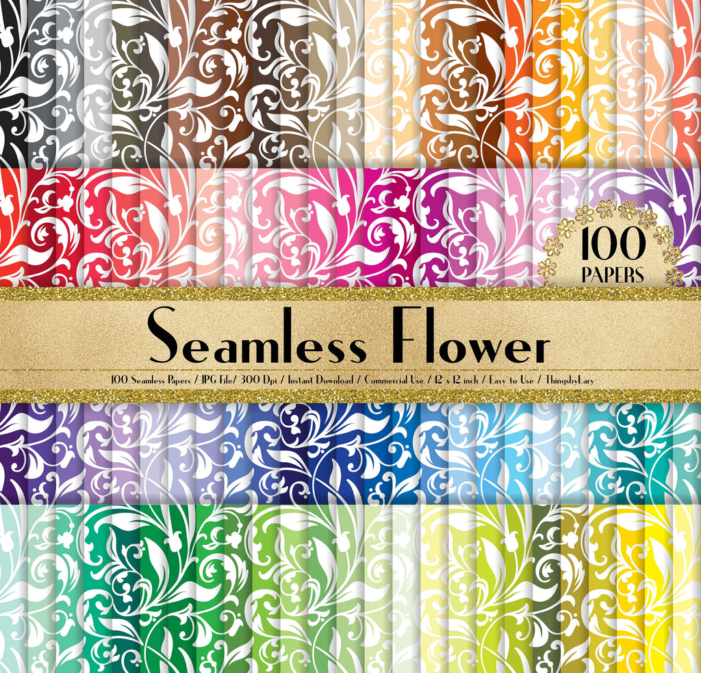 100 Seamless Flower Papers in 12&quot; x 12&quot;, 300 Dpi Planner Paper, Commercial Use, Scrapbook Papers, Rainbow Paper, 100 Flower Papers